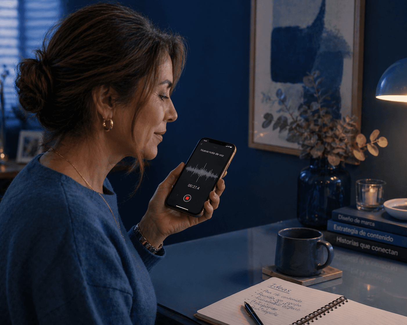 Mujer grabando nota de voz con Voxzia